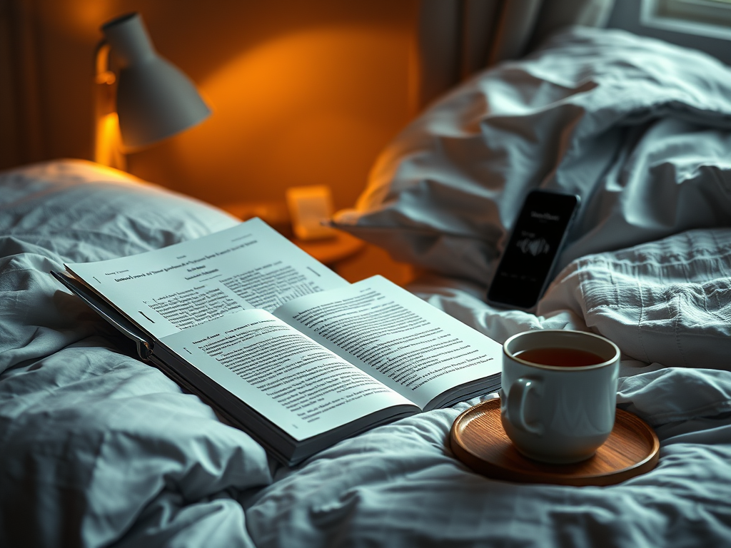 Open book, e‑reader and phone with audiobook beside a mug of tea on a bedside table — bedtime reading routine in a UK home