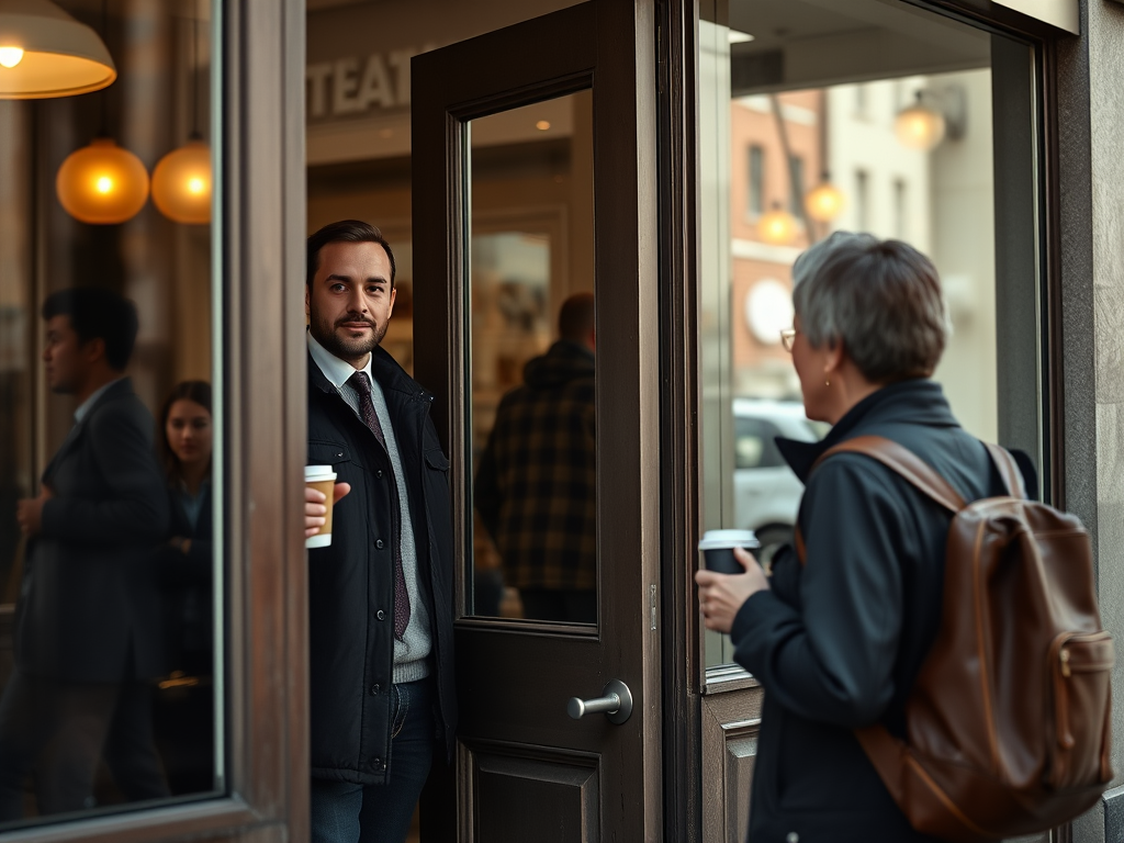 Person holding a shop door open for someone entering — simple act of good manners on a UK high street.