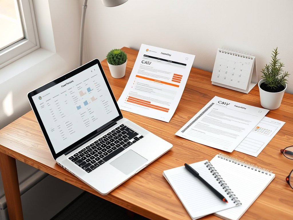 Laptop, CV pages, notebook and calendar on a tidy wooden desk — UK career‑planning workspace.