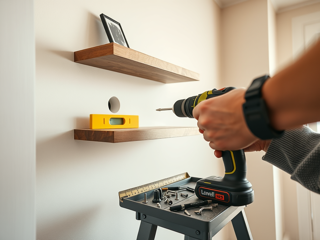 Hands installing a floating shelf with a drill and spirit level; wall plugs and screws on a tray — DIY skills in a UK home