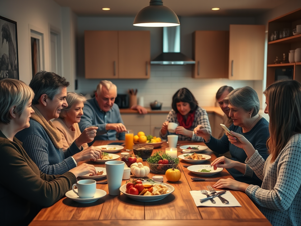 Family and friends sharing a phone‑free dinner at a kitchen table — real‑life connection and conversation.