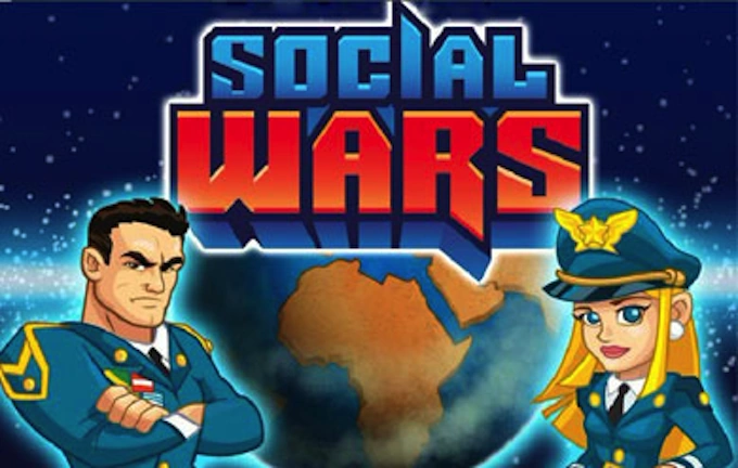 Logo of the Facebook strategy game Social Wars showing two soldiers in futuristic armor with a sci-fi city background.