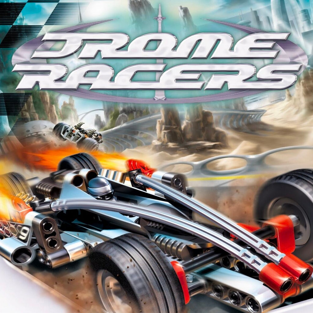 Cover art for LEGO Drome Racers featuring futuristic LEGO race cars speeding on a high-tech track.