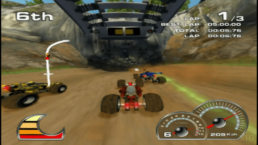 Screenshot from LEGO Drome Racers showing futuristic LEGO race cars speeding around a desert-style track.