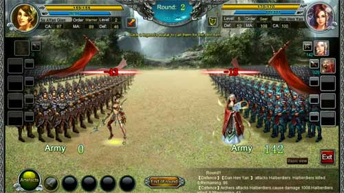 Screenshot of War of Legends battle scene showing armies clashing on a detailed battlefield with ancient structures in the background.