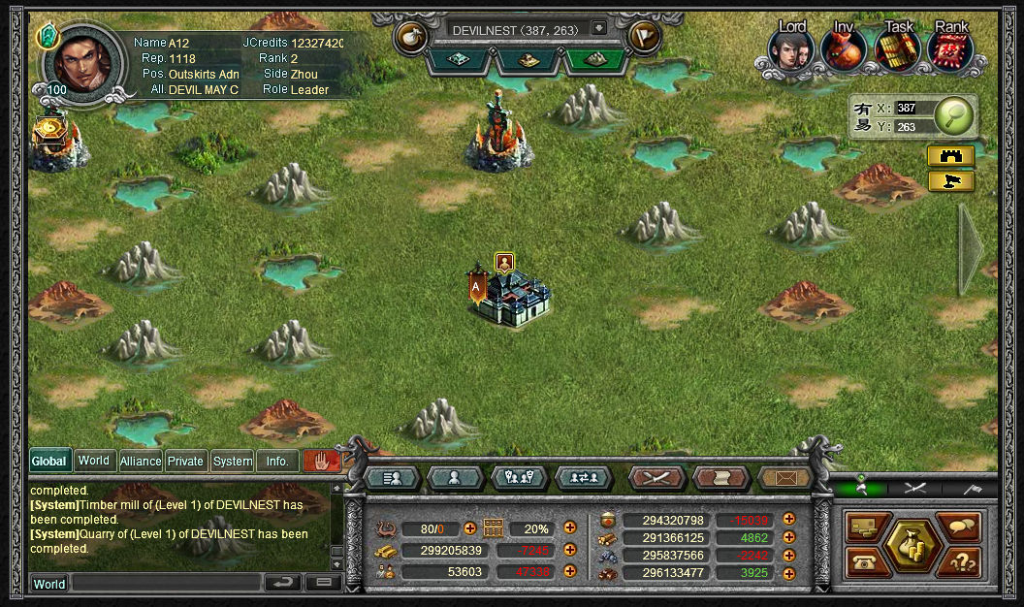 Screenshot of War of Legends gameplay showing an ancient kingdom with armies, buildings, and a detailed strategy map