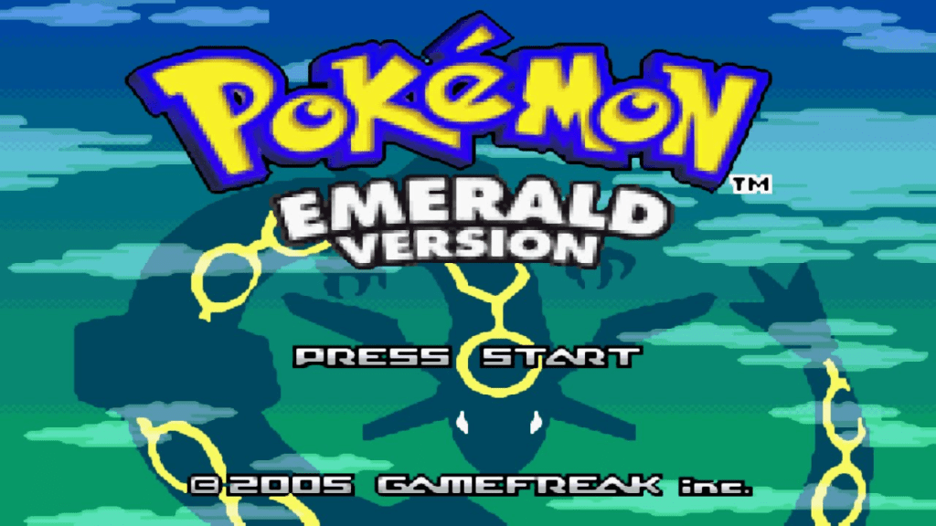 Title screen of Pokémon Emerald showing the legendary Pokémon Rayquaza flying through the clouds.