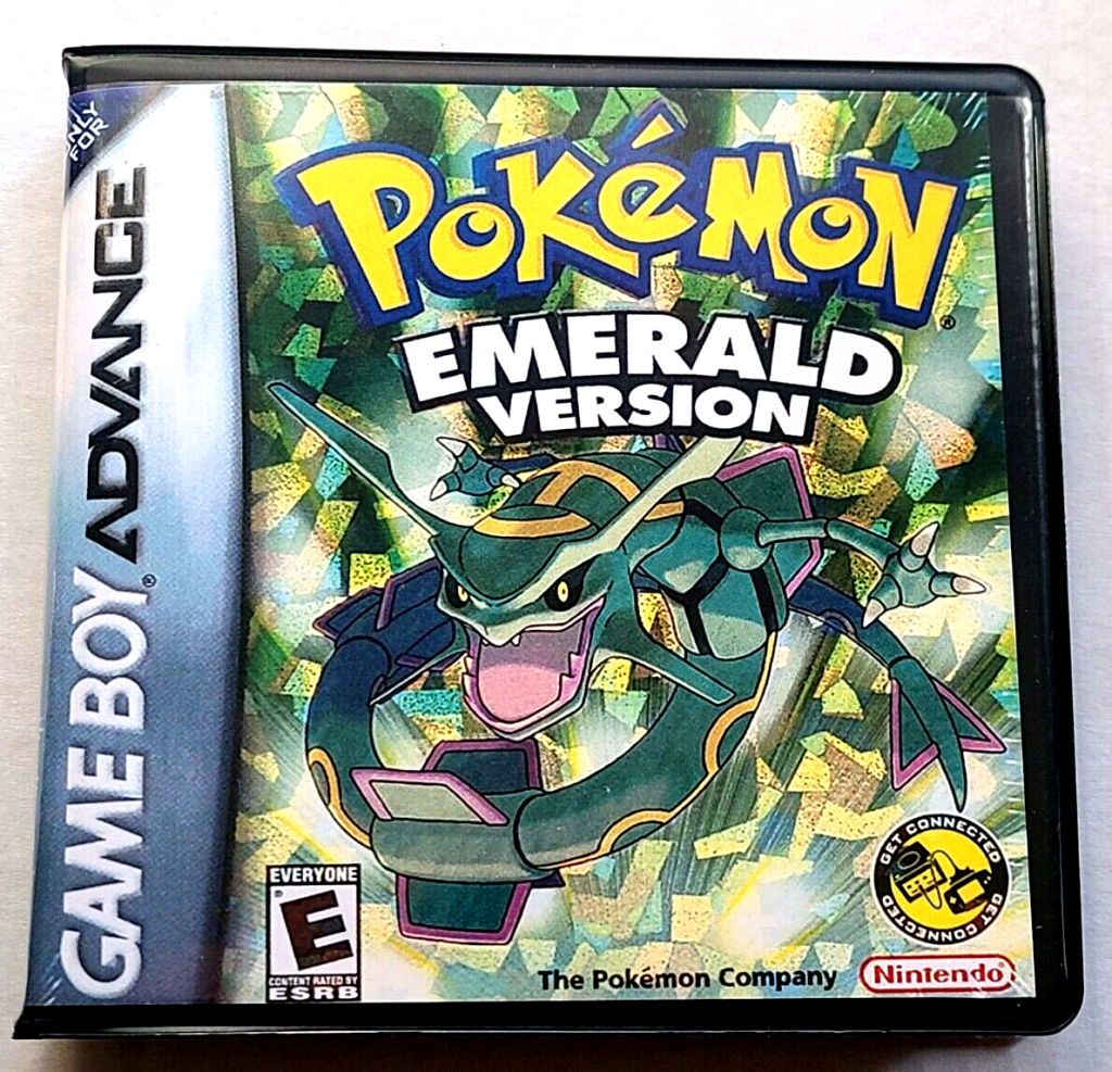 Box art of Pokémon Emerald for the Game Boy Advance featuring the legendary Pokémon Rayquaza.
