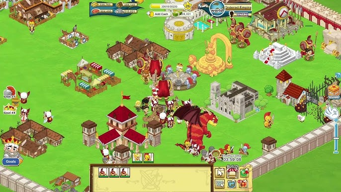 Screenshot of Social Empires gameplay showing a colourful medieval village with castles, farms, and animated characters.