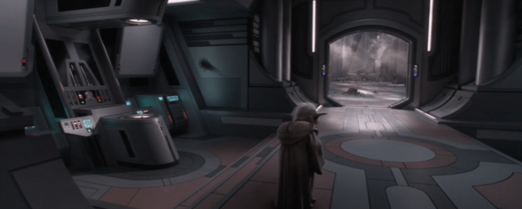 Yoda and Obi-Wan watching Jedi Temple security footage in Star Wars Revenge of the Sith, concept image for LEGO Star Wars GWP build.