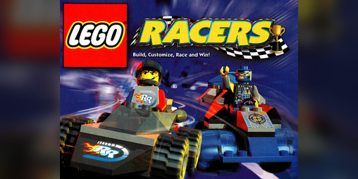 Cover art for LEGO Racers featuring minifigures driving custom LEGO cars on a colourful racetrack.
