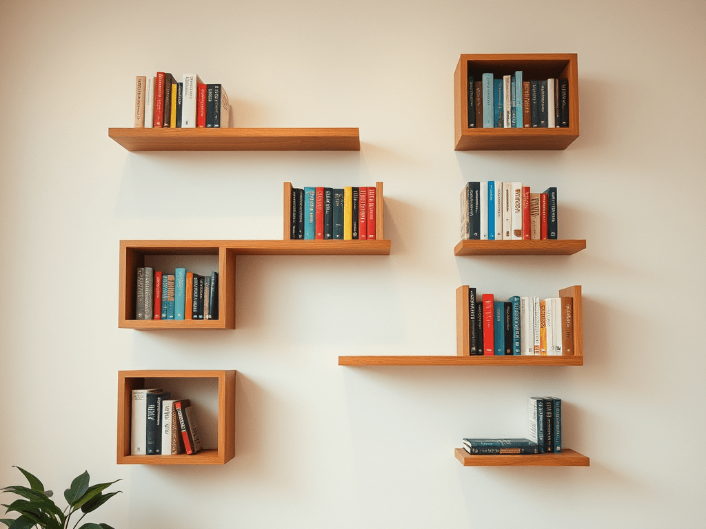 Aesthetic floating wooden bookshelves arranged on a minimalist wall, filled with colourful books in a modern home setting — featured image for my “Books I Read in 2025” blog post.