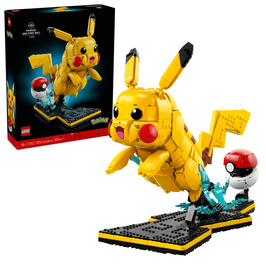 A LEGO Pikachu display from the official LEGO Pokémon set 72152, featuring Pikachu with a Poké Ball on a themed display stand.