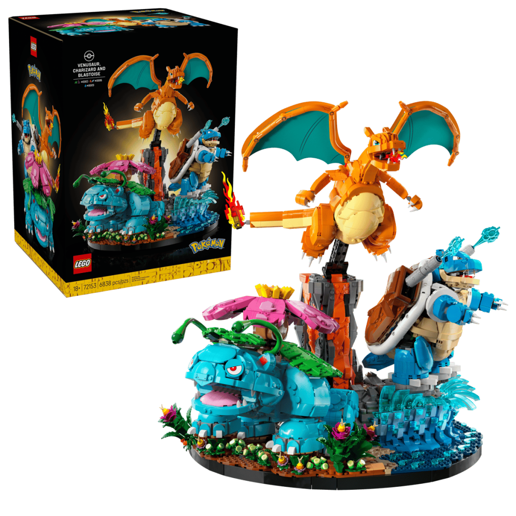 The LEGO Pokémon Venusaur, Charizard, and Blastoise display set (72153), featuring detailed brick-built figures with themed environments.